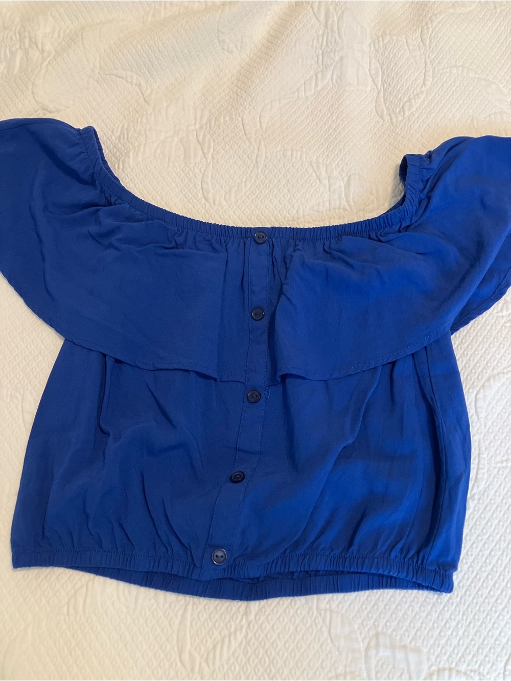 Ambiance Royal Blue Off-Shoulder Button Front Crop Top